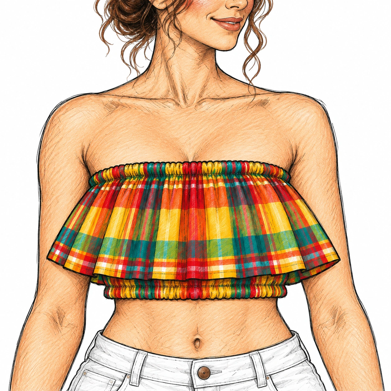 Dessin du haut à volant en madras porté en bustier, les deux bras à l’extérieur du vêtement.