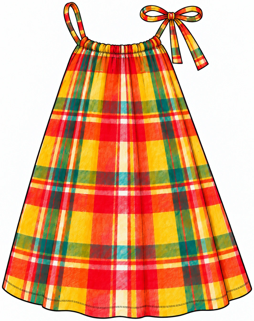 Dessin de la robe-tunique enfant en madras, à coupe évasée et cordon réglable dans l’encolure.