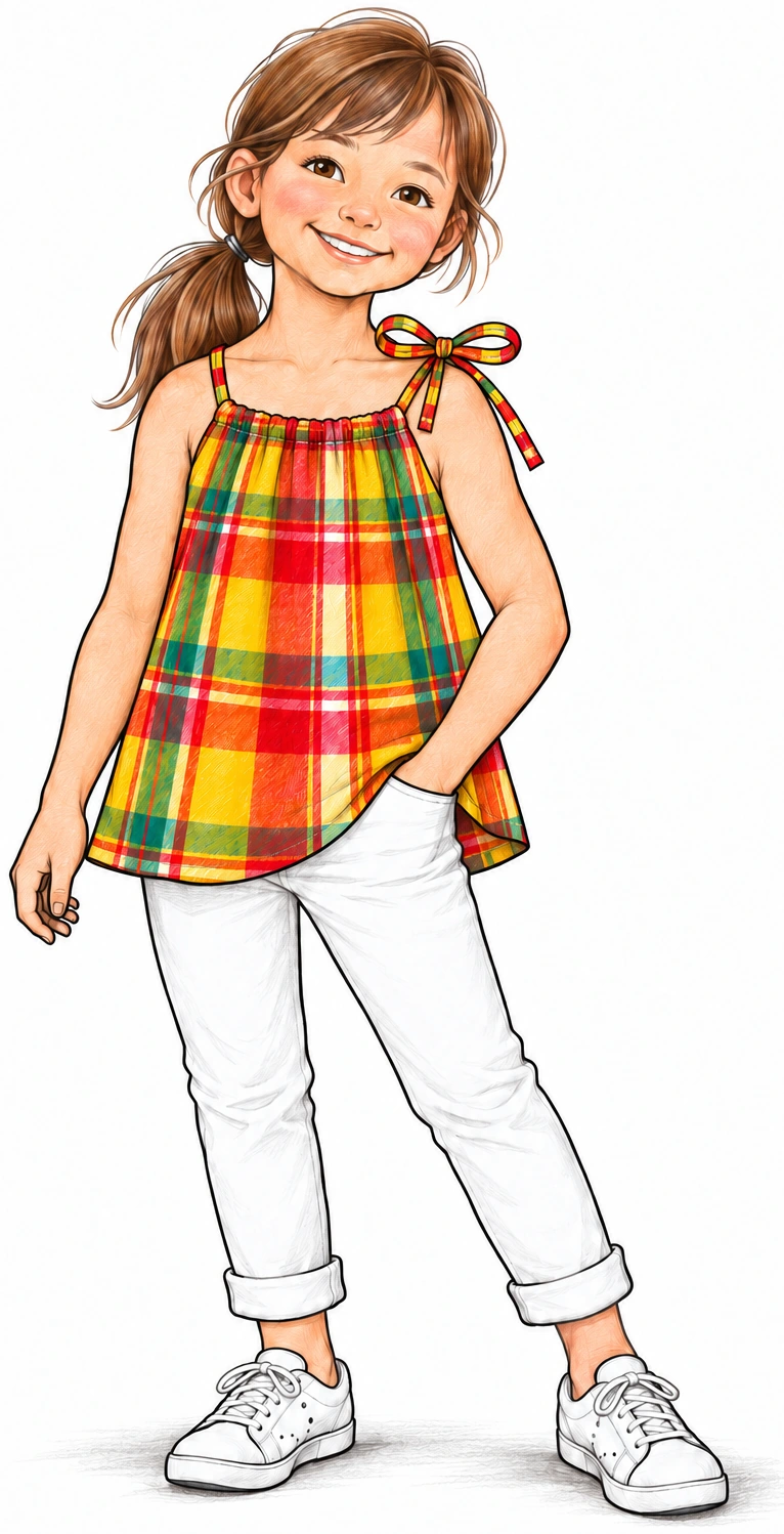 Enfant plus grande portant la robe-tunique en madras comme un haut sur un pantalon blanc, avec des baskets.