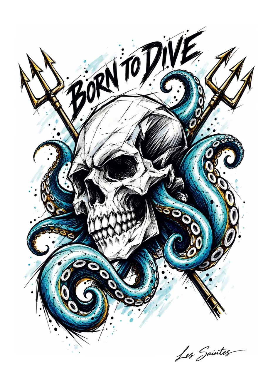 Illustration Born to Dive de Nerko Ink sur carte postale — Atelier Karaïbes, Les Saintes en Guadeloupe