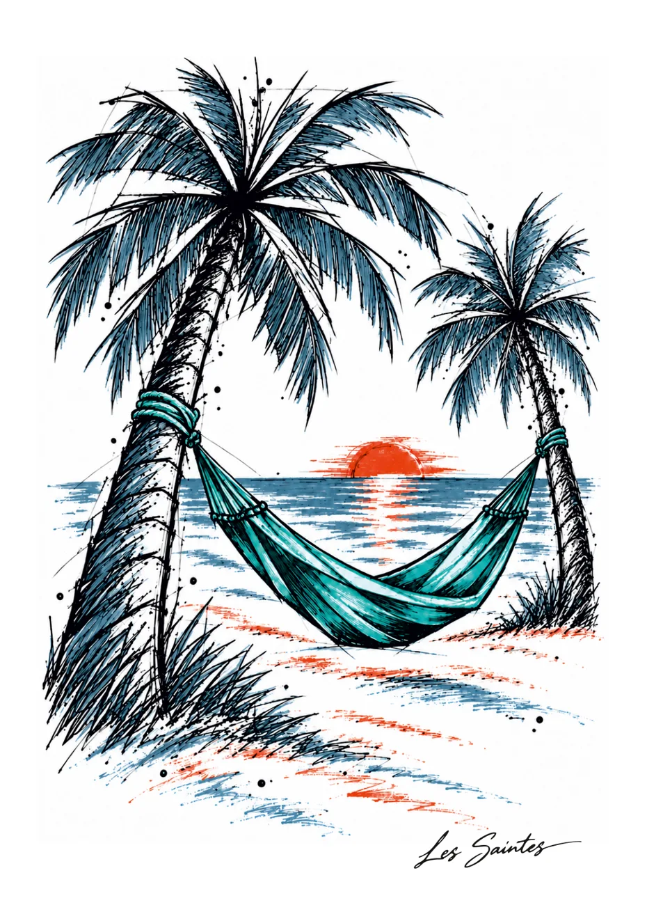 Souvenir des Saintes : carte postale Hamac tropical, collection couleur Atelier Karaïbes — Guadeloupe