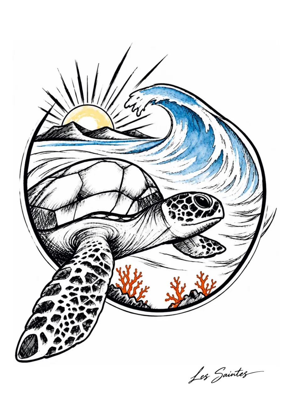 Illustration Tortue des vagues de Nerko Ink sur carte postale — Atelier Karaïbes, Les Saintes en Guadeloupe