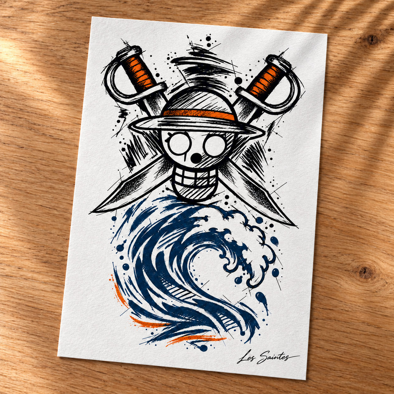 Carte postale — Pirate sabre, papier texturé posé sur une table avec une légère ombre de feuillage — Atelier Karaïbes, Les Saintes — fan art One Piece