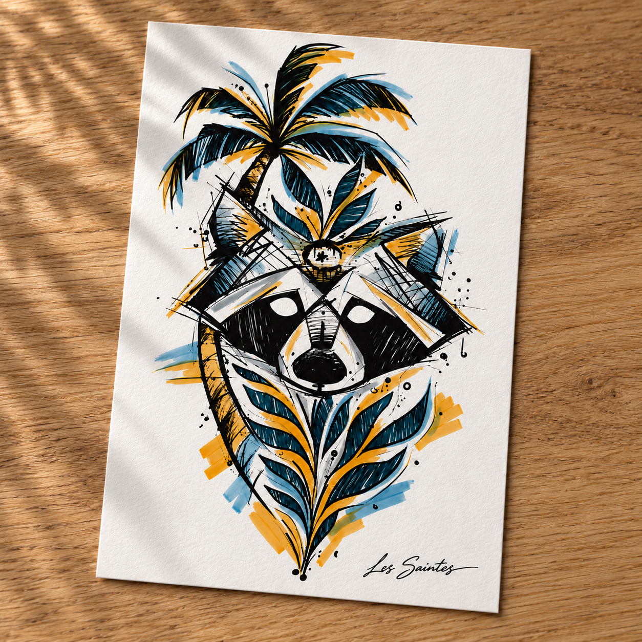 Carte postale — Raccoon & palmier, papier texturé posé sur une table avec une légère ombre de feuillage — Atelier Karaïbes, Les Saintes