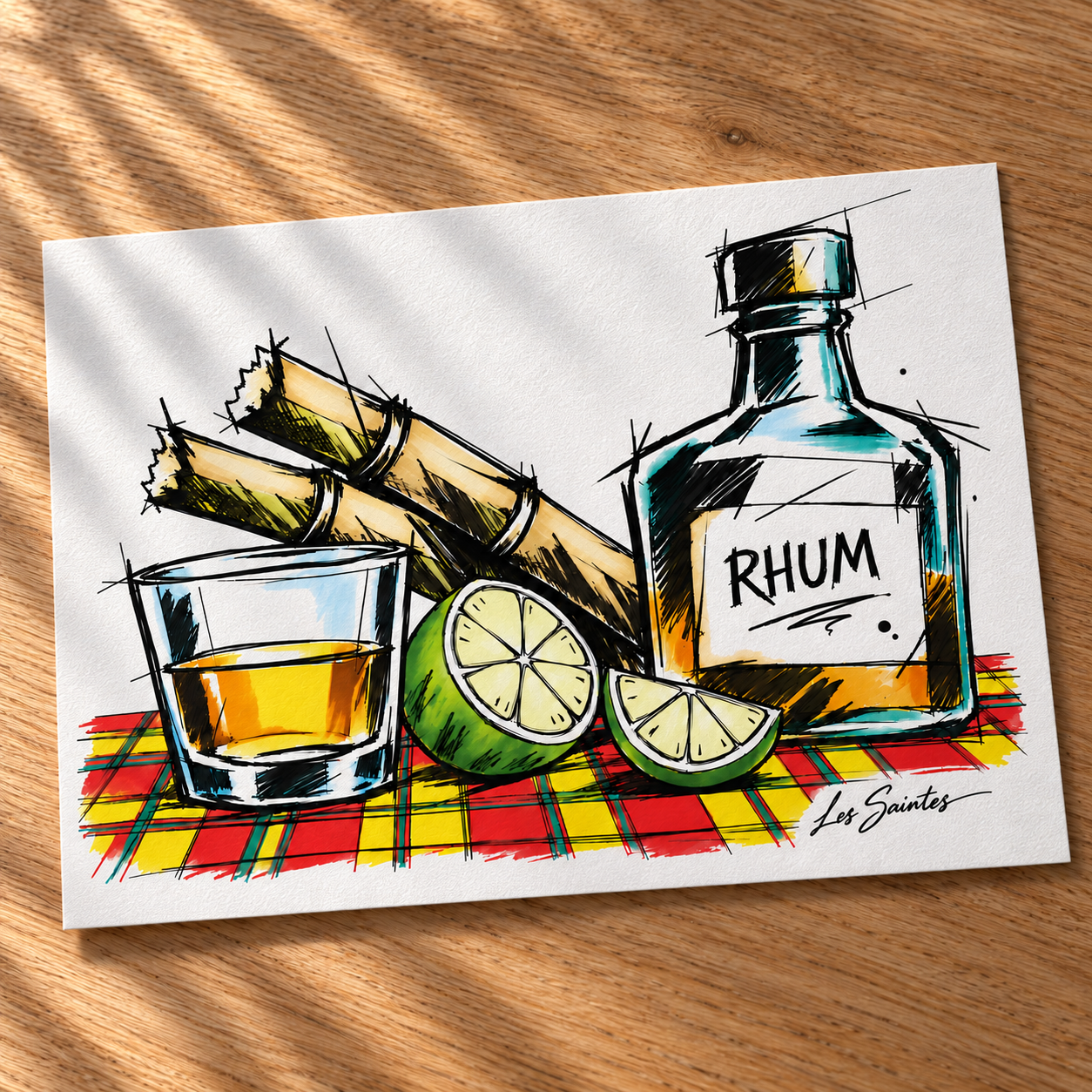 Carte postale — Rhum & madras, papier texturé posé sur une table avec une légère ombre de feuillage — Atelier Karaïbes, Les Saintes