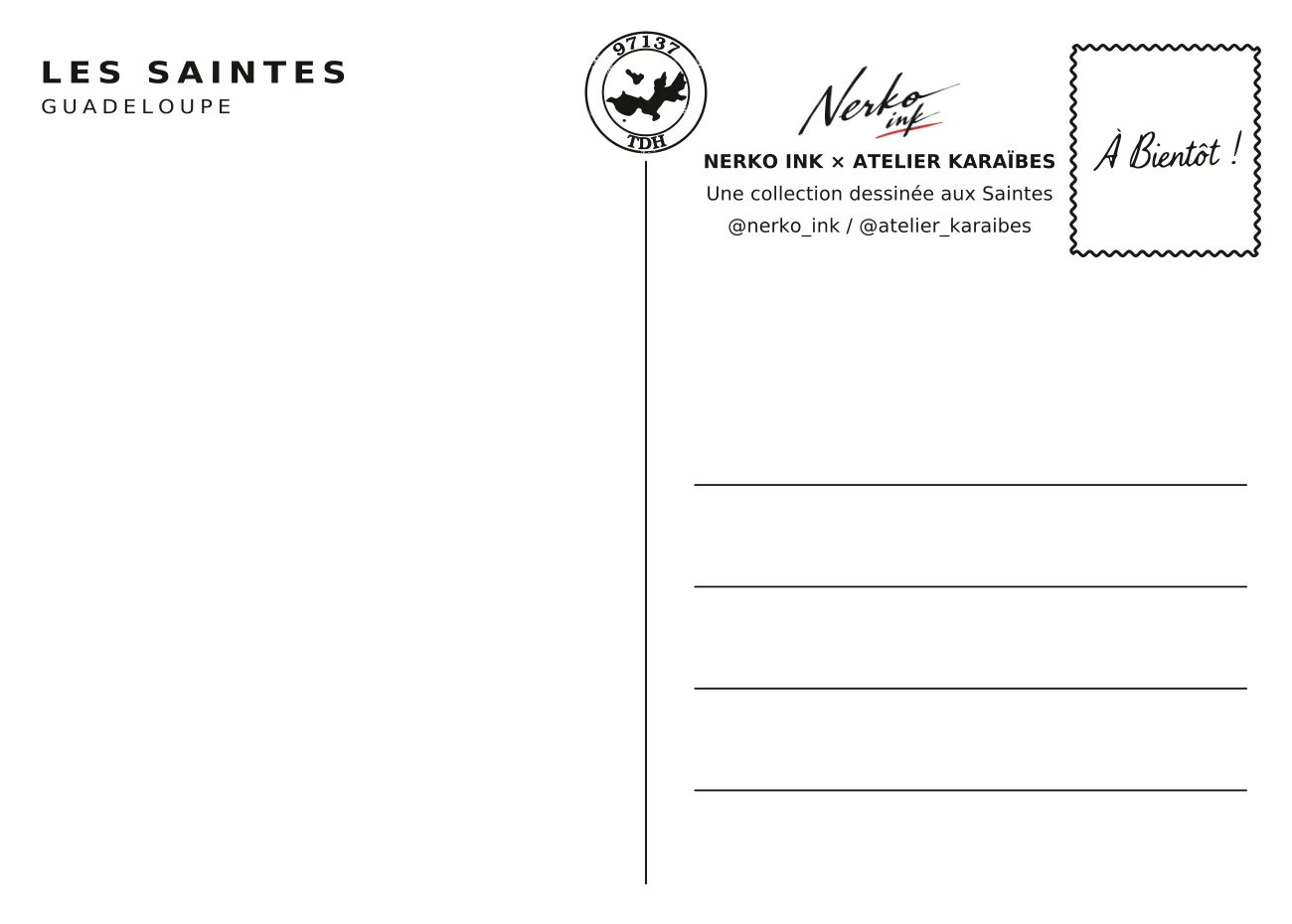 Verso de carte postale Atelier Karaïbes × Nerko Ink — souvenir des Saintes, Guadeloupe, avec espace message et adresse