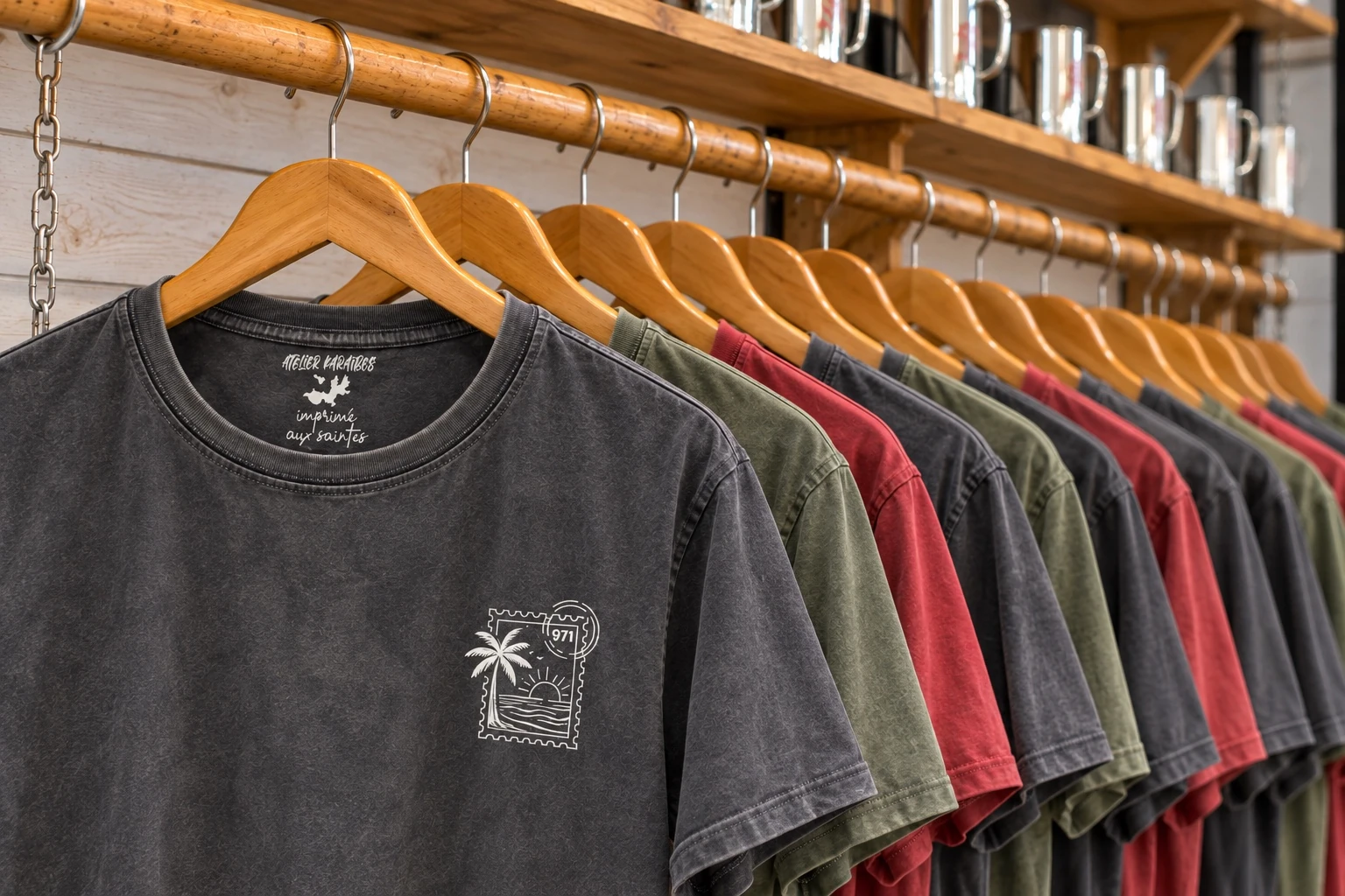 Collection de T-shirts Atelier Karaïbes sur cintres, sous une étagère de mugs