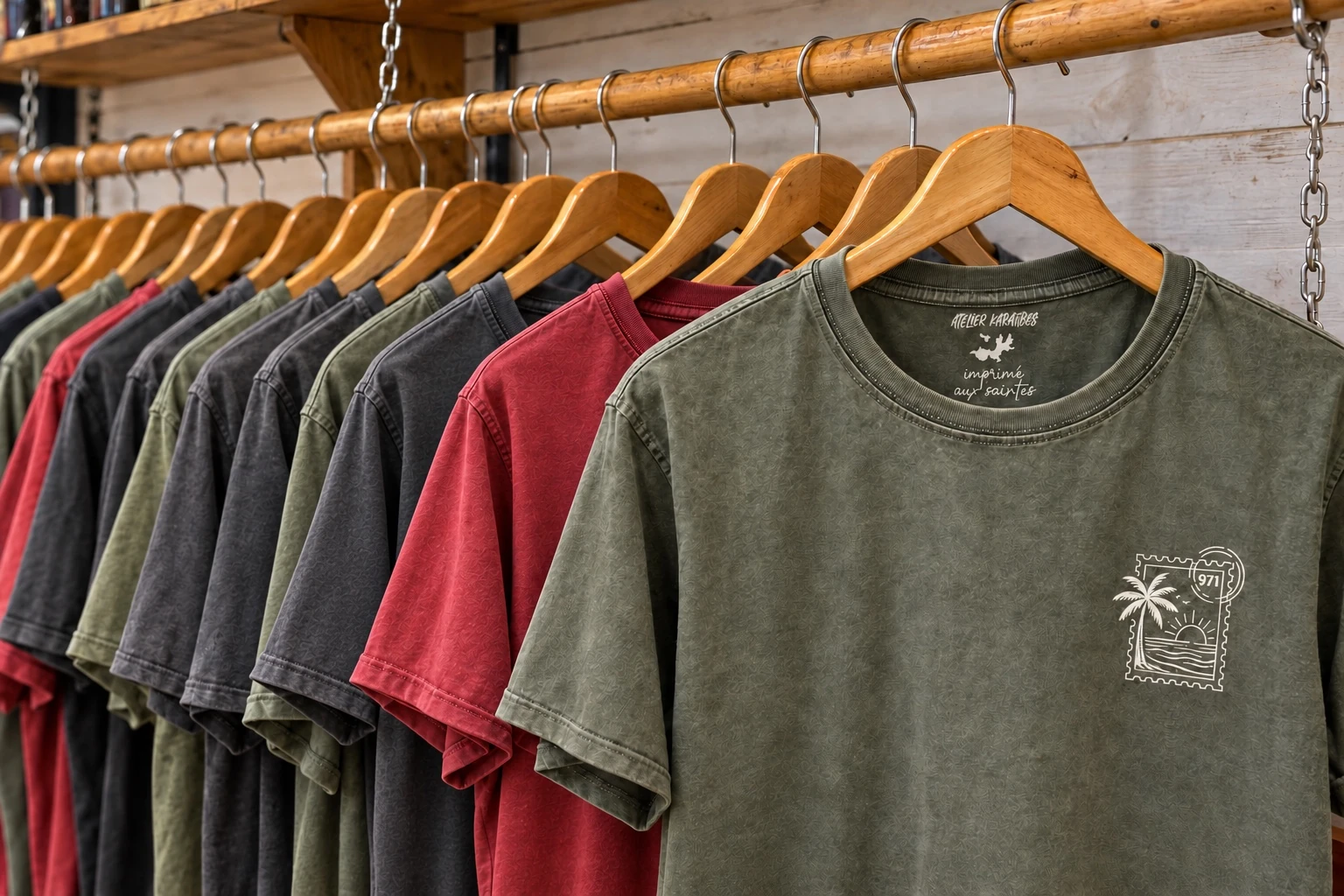 T-shirts vieillis vert, rouge et anthracite sur un portant Atelier Karaïbes