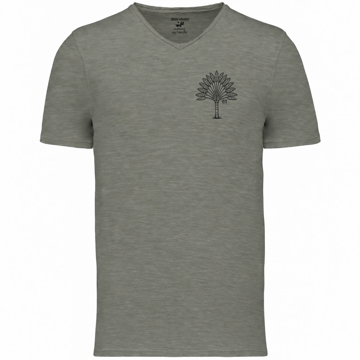 T-shirt col V homme Almond Green, Arbre du voyageur 971 imprimé en noir côté cœur
