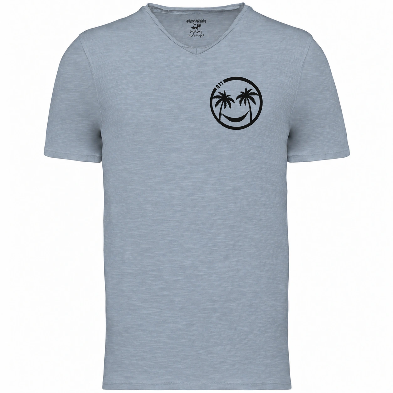 T-shirt col V homme Aquamarine, Smiley 971 imprimé en noir côté cœur