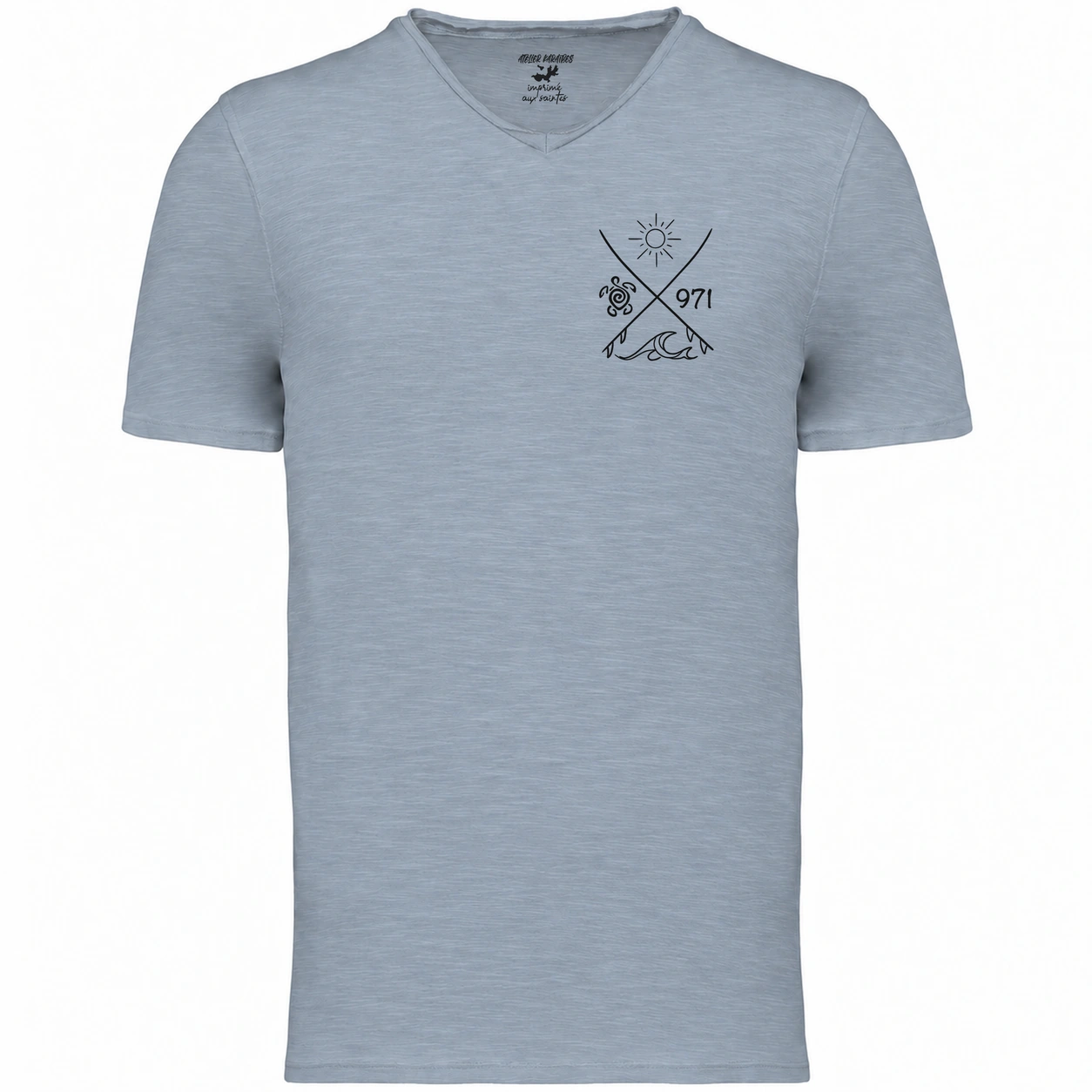 T-shirt col V homme Aquamarine, Surf tortue 971 imprimé en noir côté cœur
