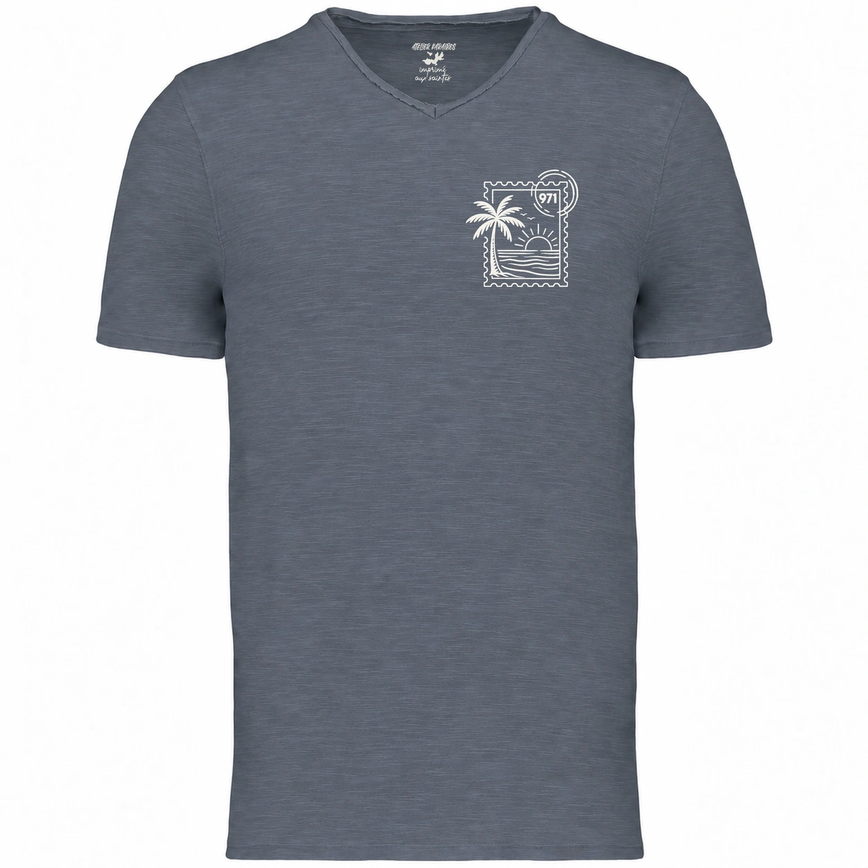 T-shirt col V homme Mineral Grey, Stamp 971 imprimé en blanc côté cœur