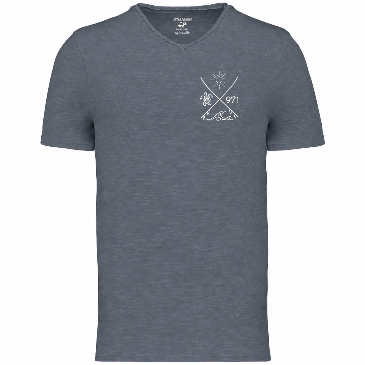 T-shirt col V homme Mineral Grey, Surf tortue 971 imprimé en blanc côté cœur