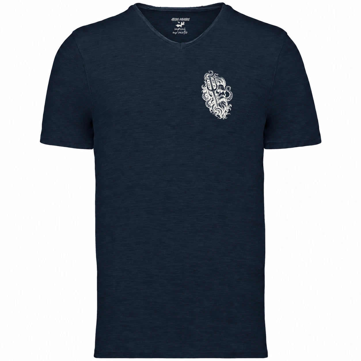 T-shirt col V homme Navy, Poséidon imprimé en blanc côté cœur