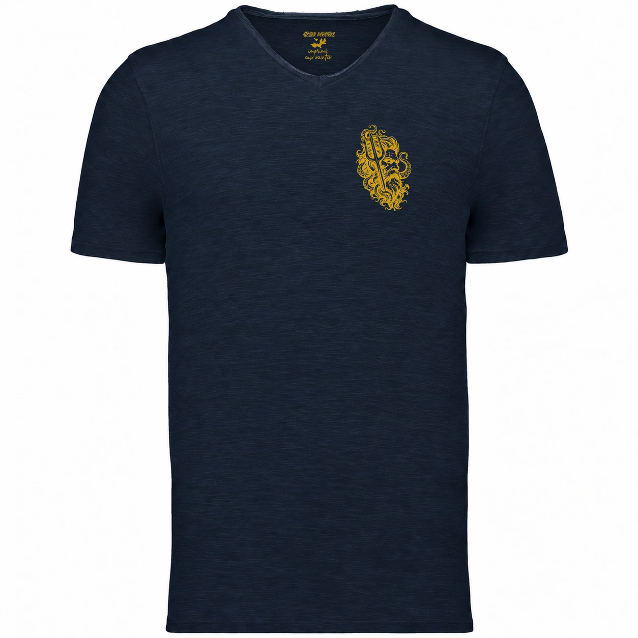T-shirt col V homme Navy, Poséidon imprimé en jaune moutarde côté cœur