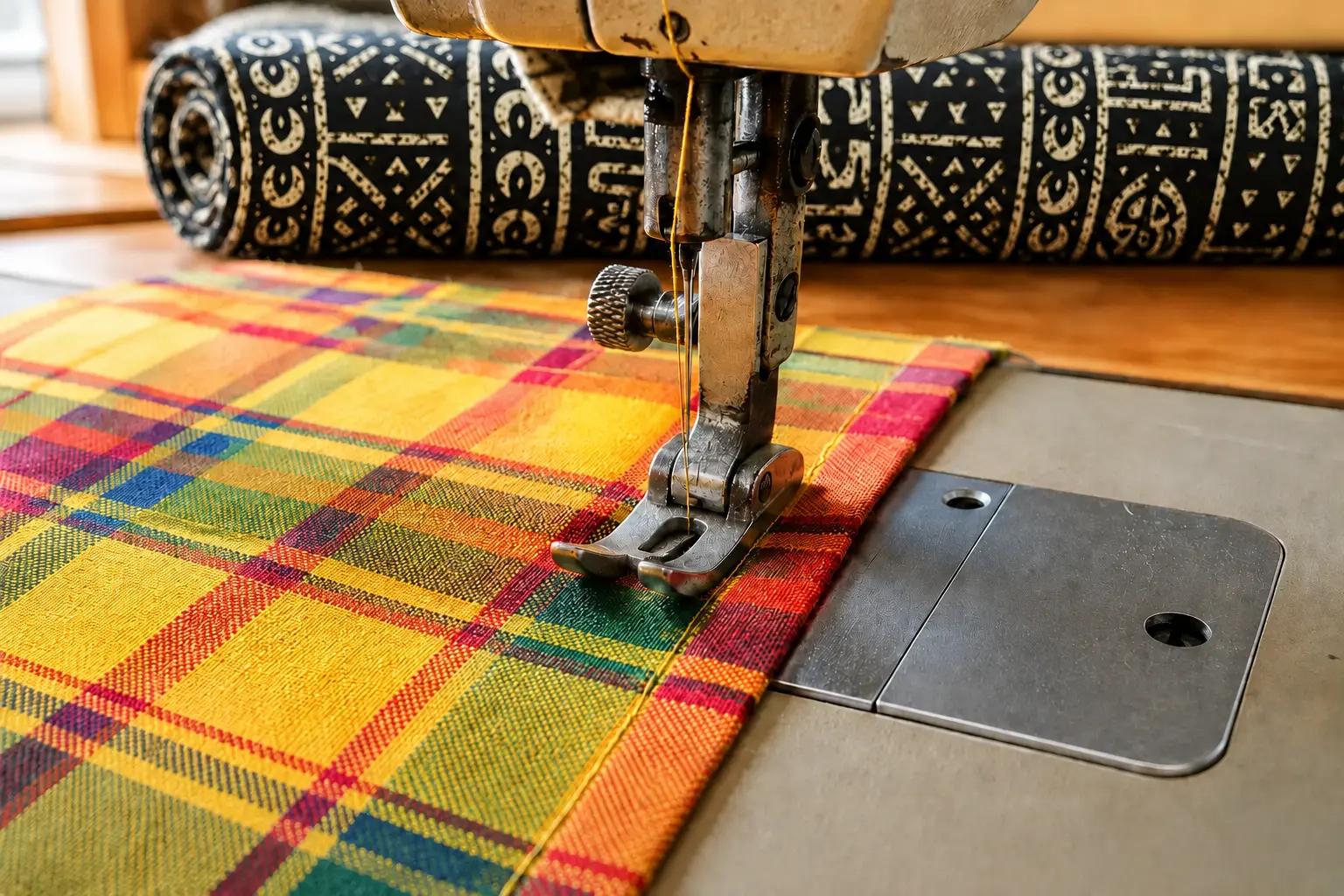Atelier de couture artisanale en Guadeloupe travaillant le madras