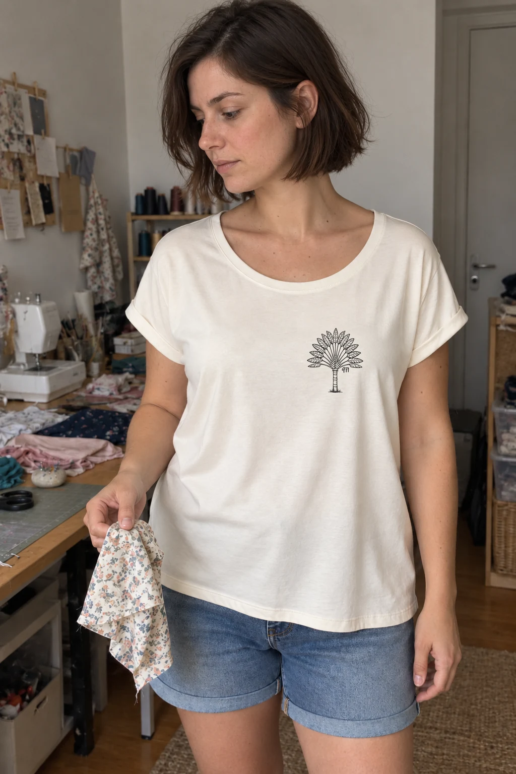 T-shirt rouloté, coupe loose porté : Ivoire · Arbre du voyageur 971 · Noir