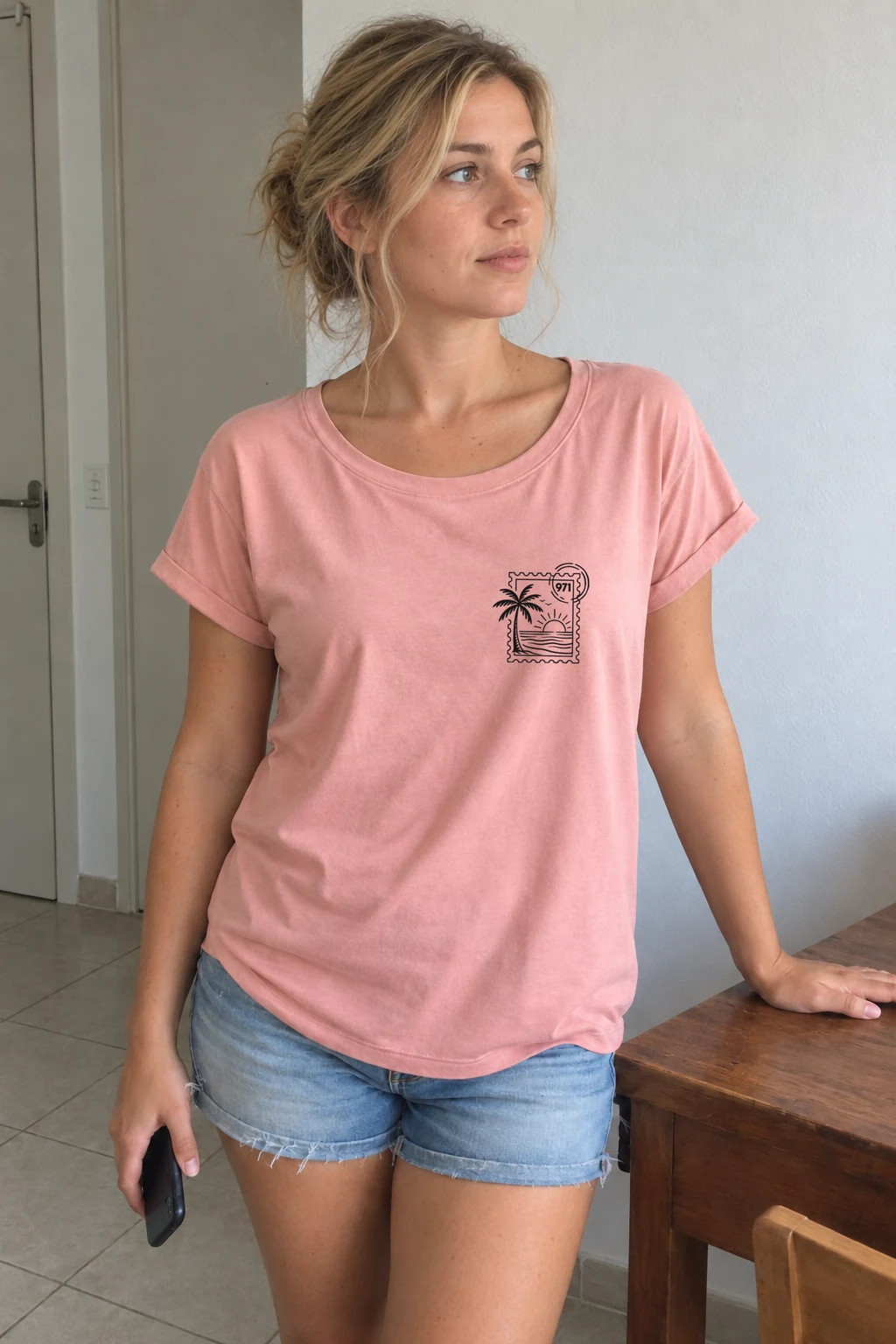 T-shirt rouloté, coupe loose porté : Rose · Stamp 971 · Noir