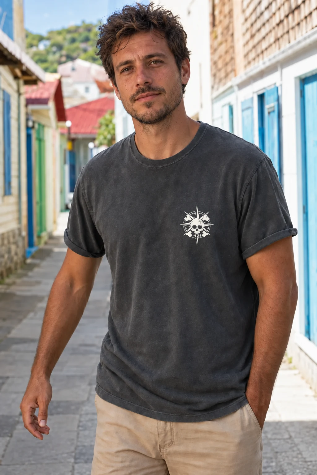 T-shirt vieilli homme gris anthracite délavé avec une boussole pirate 971 ornée d’un crâne imprimé en blanc, porté dans une rue piétonne aux maisons créoles de Terre-de-Haut