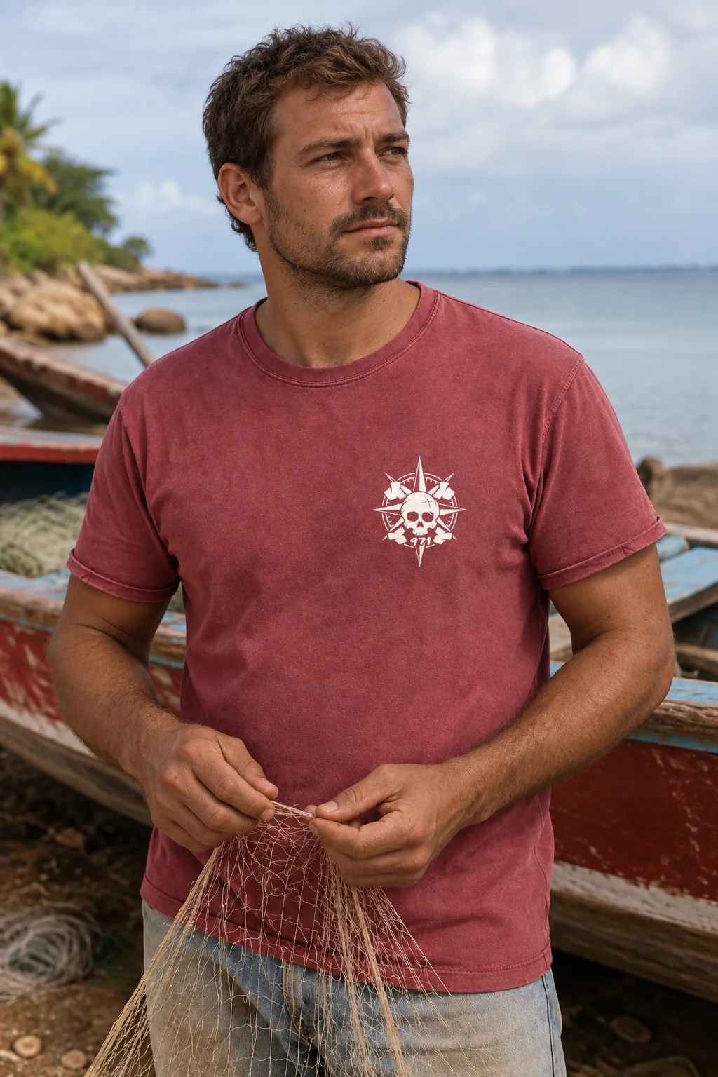 T-shirt vieilli homme rouge grenat délavé avec une boussole pirate 971 ornée d’un crâne imprimé en blanc, porté par un pêcheur réparant son filet au bord de l’eau