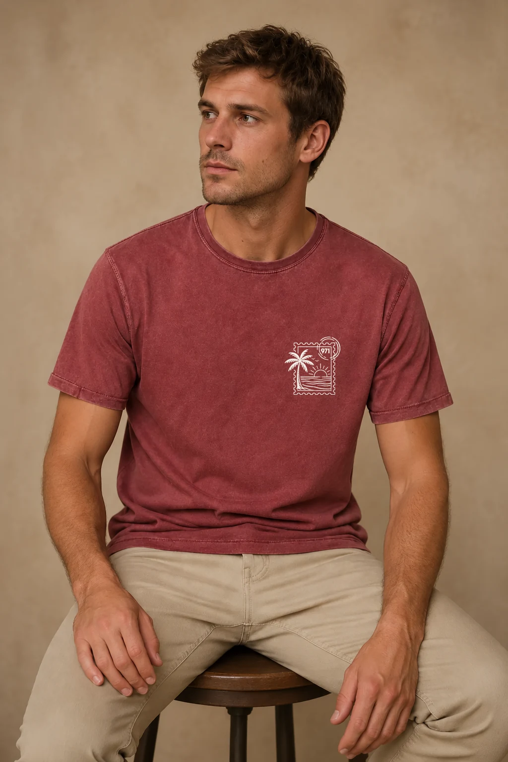 T-shirt vieilli homme rouge grenat, Timbre palmier 971 blanc, porté en studio.