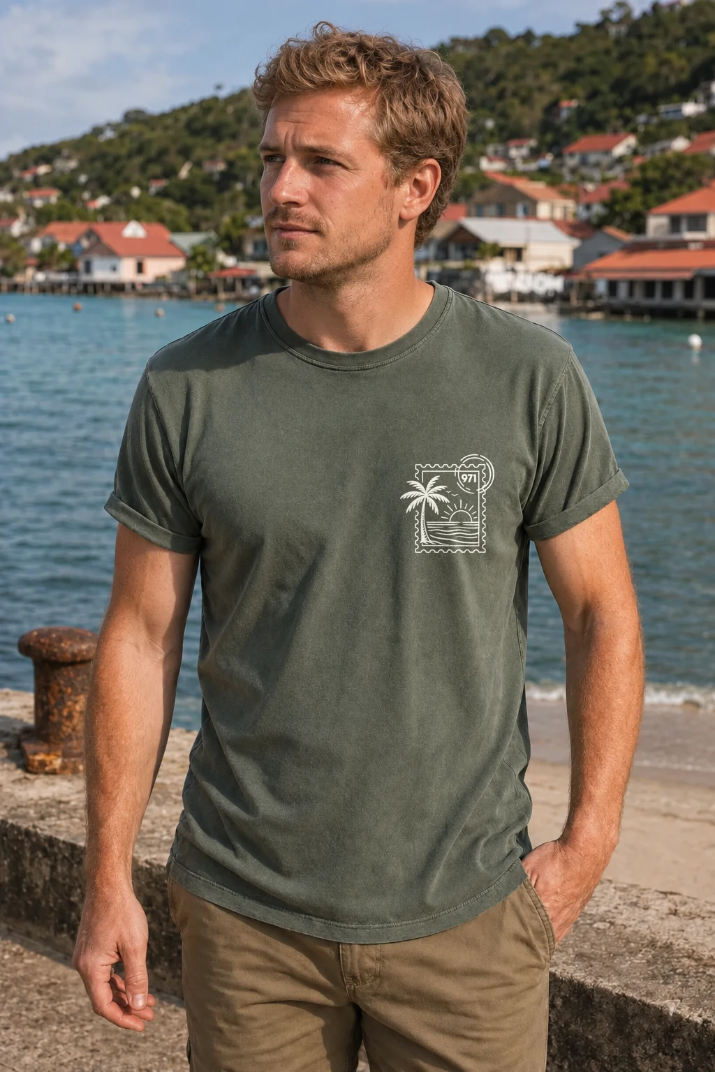 T-shirt vieilli homme vert militaire foncé délavé avec un timbre palmier 971 avec mer et soleil imprimé en blanc, porté par un homme au bord de la baie des Saintes