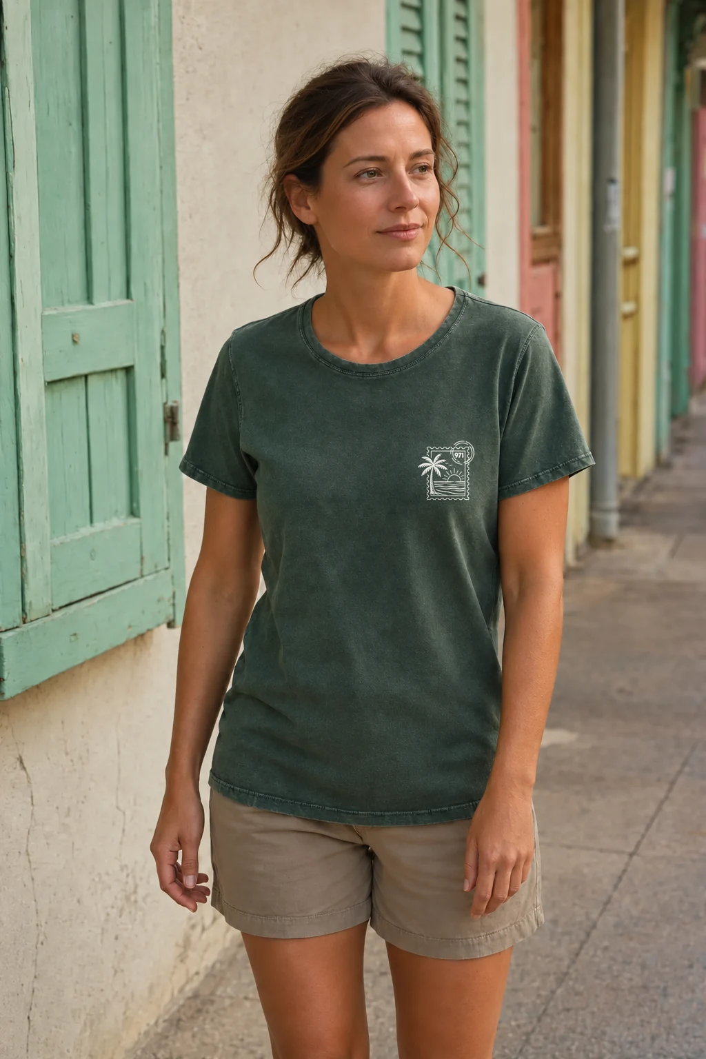 T-shirt vieilli femme vert militaire foncé délavé avec un timbre palmier 971 avec mer et soleil imprimé en blanc, porté en découvrant un petit étal de marché créole à Terre-de-Haut