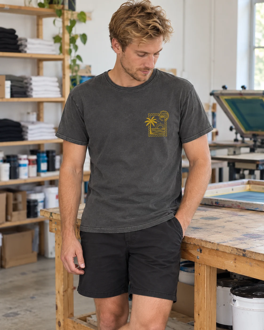 T-shirt vieilli homme gris anthracite délavé avec un timbre palmier 971 avec mer et soleil imprimé en jaune moutarde, porté en marchant sur le quai de Terre-de-Haut devant de petit