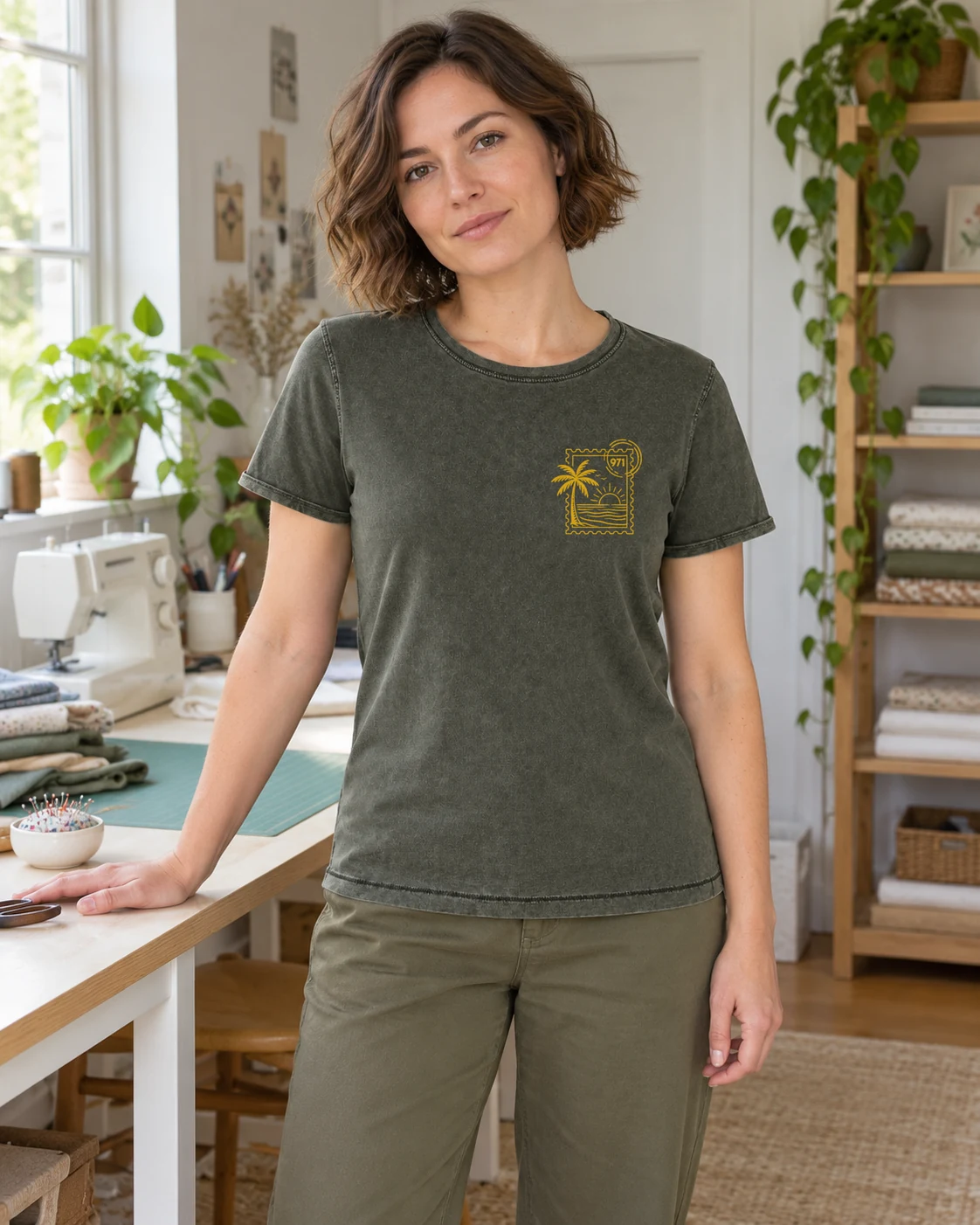 T-shirt vieilli femme vert militaire foncé délavé avec un timbre palmier 971 avec mer et soleil imprimé en jaune moutarde, porté par une femme dans un marché créole de Guadeloupe