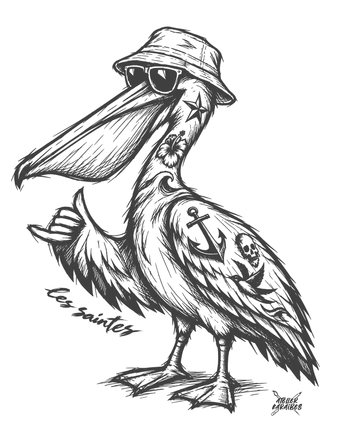 Illustration Pélican Flex — Nerko Ink, avec inscription Les Saintes — Atelier Karaïbes, Guadeloupe