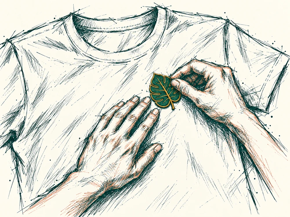 Illustration : des mains positionnent un petit écusson sur un T-shirt posé à plat.