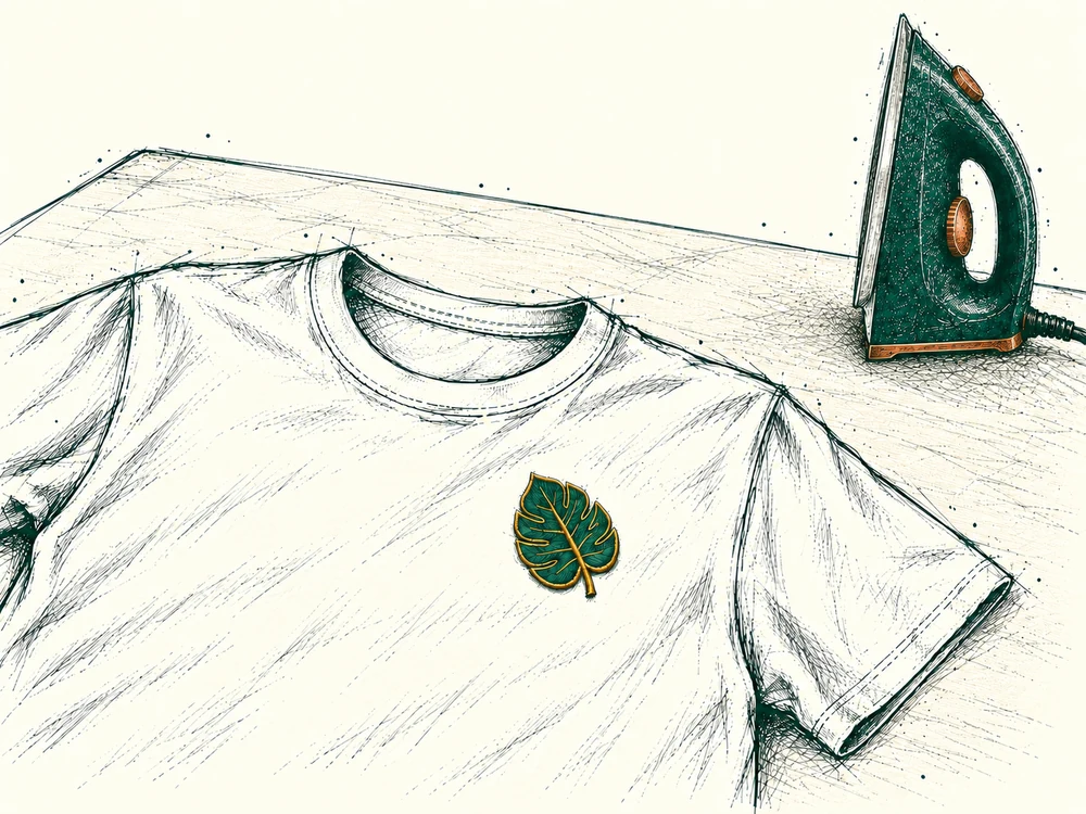Illustration : le T-shirt et son écusson reposent à plat ; le fer est rangé debout à l’écart.