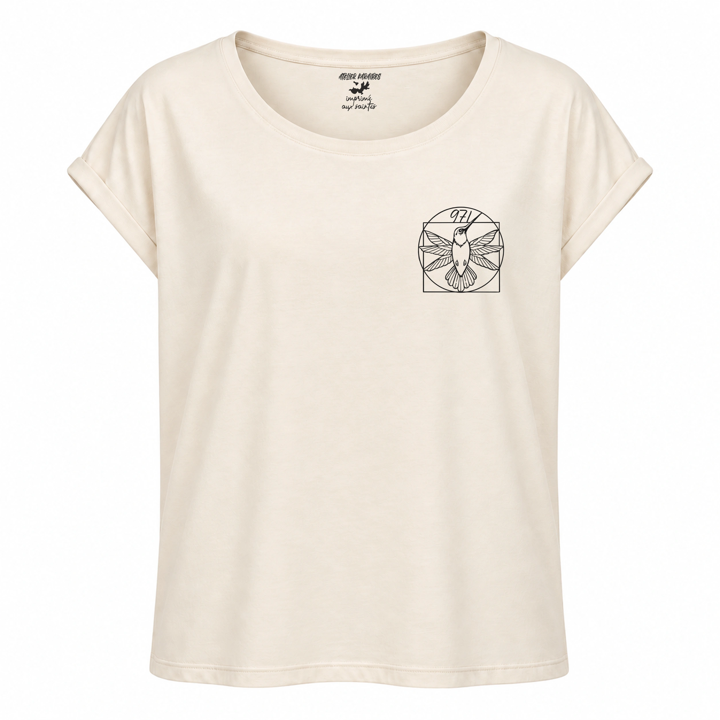 T-shirt rouloté, coupe loose ivoire avec Colibri 971, impression noir côté cœur