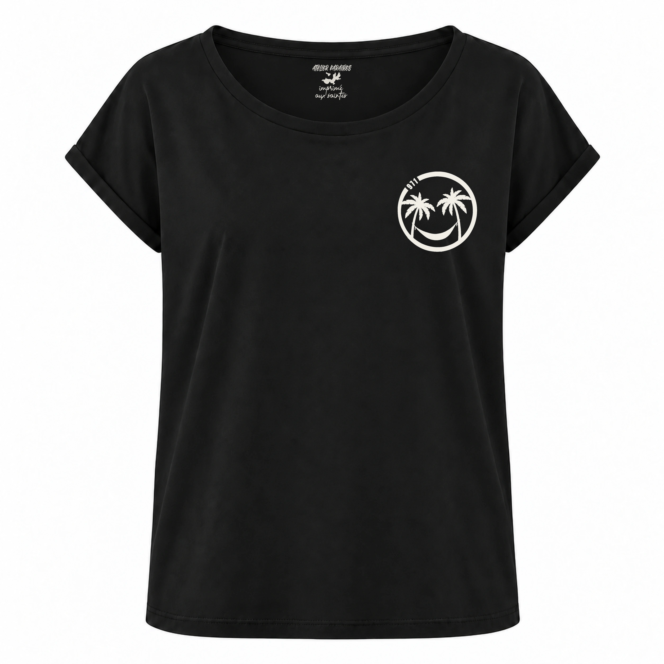 T-shirt rouloté, coupe loose noir avec Smiley 971, impression blanc côté cœur