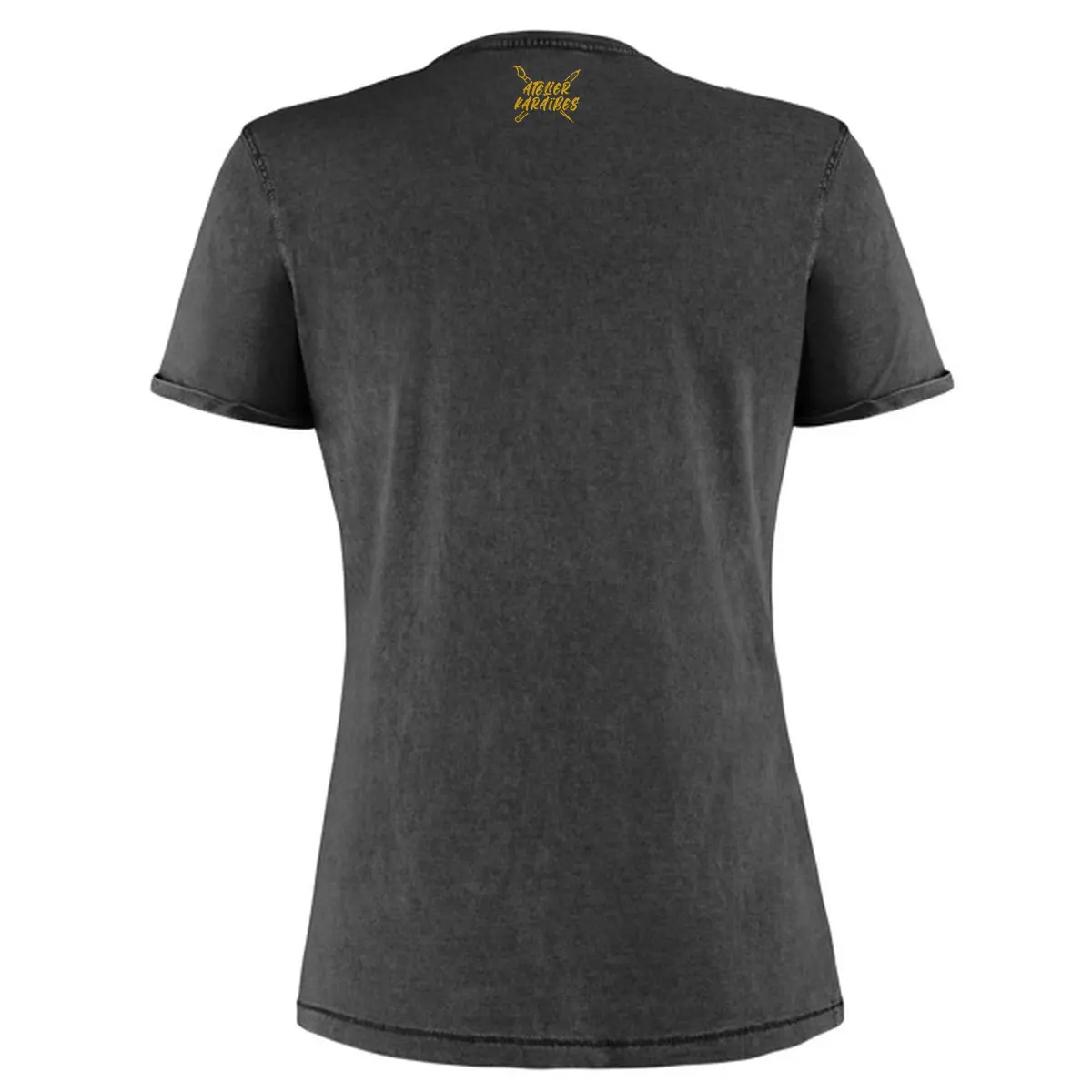 Dos du T-shirt vieilli femme gris anthracite délavé avec le logo Atelier Karaïbes en jaune moutarde sous le col