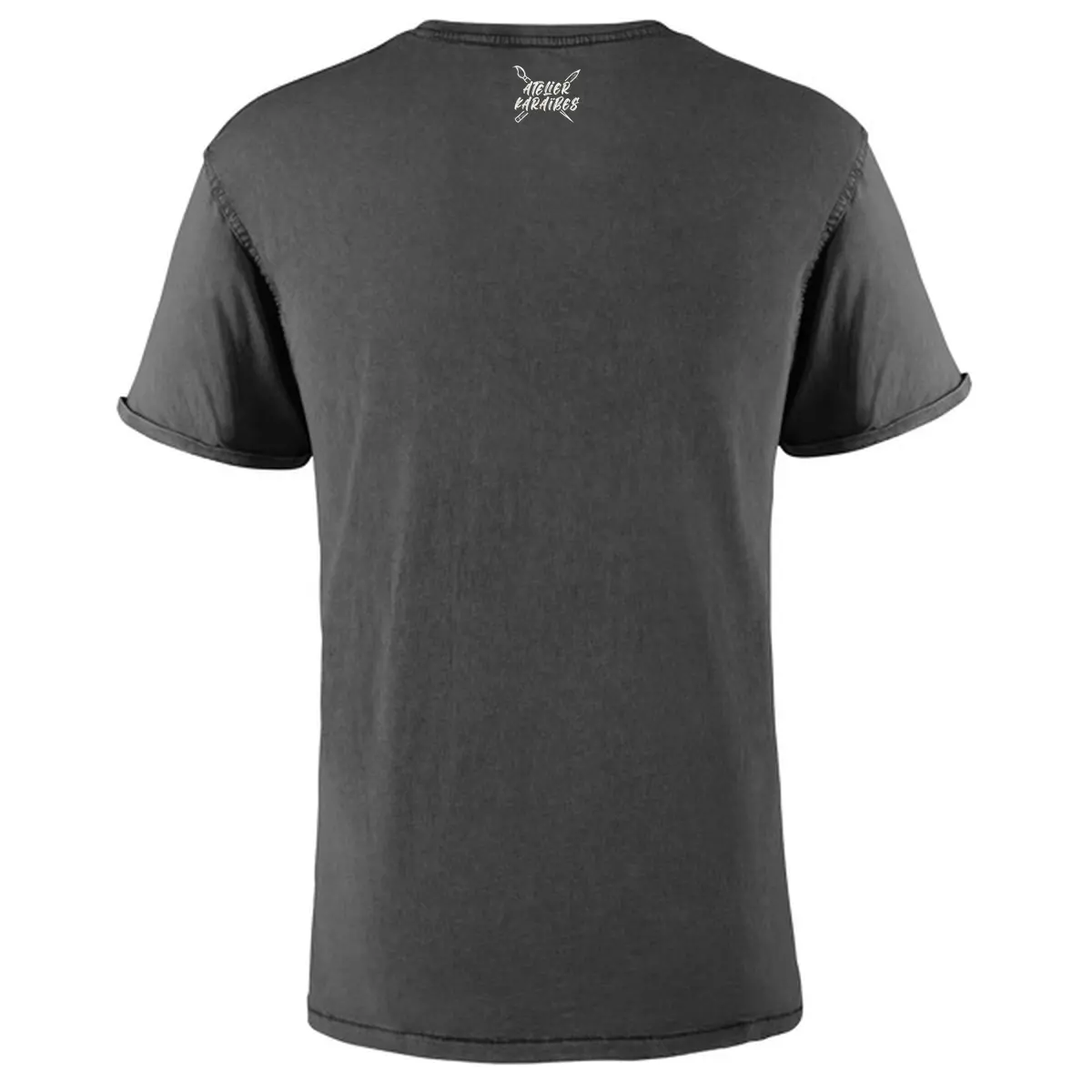 Dos du T-shirt vieilli homme gris anthracite délavé avec le logo Atelier Karaïbes en blanc sous le col